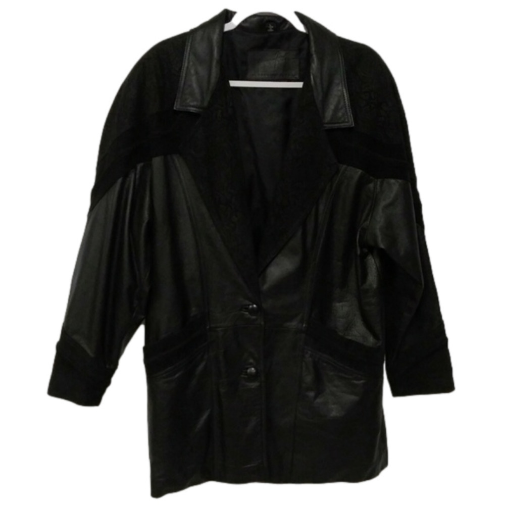 𝅺Jacqueline Ferrar Vintage Black Leather Paisley Accent Shawl Collared Coat